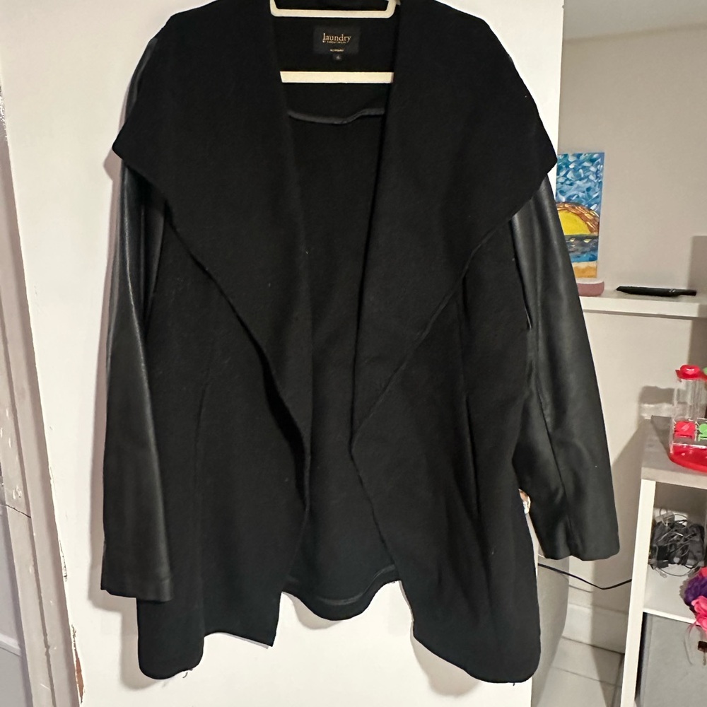 Laundry By Shelli Segal Black Trench Coat with Leather Sleeves